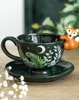 Taza de cerámica con plato – diseño zorro y hojas verdes (500 ml)