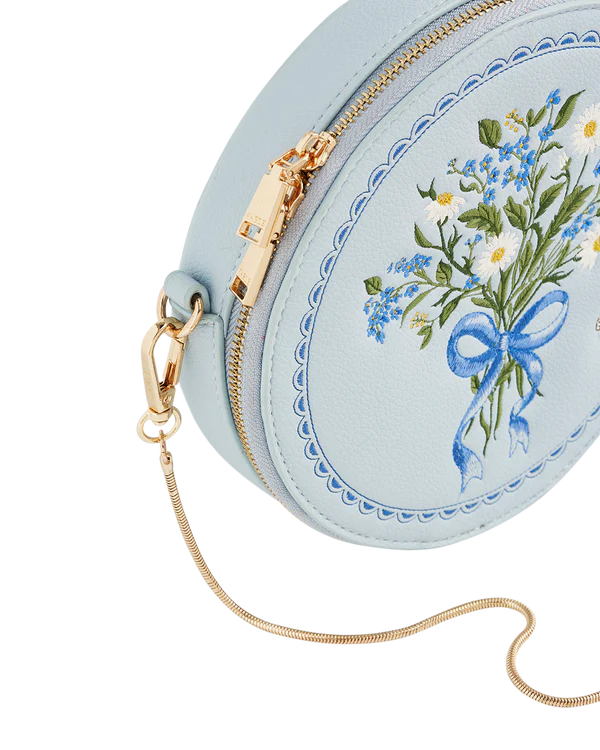 Bolso redondo Isabel Floral Bow azul bordado