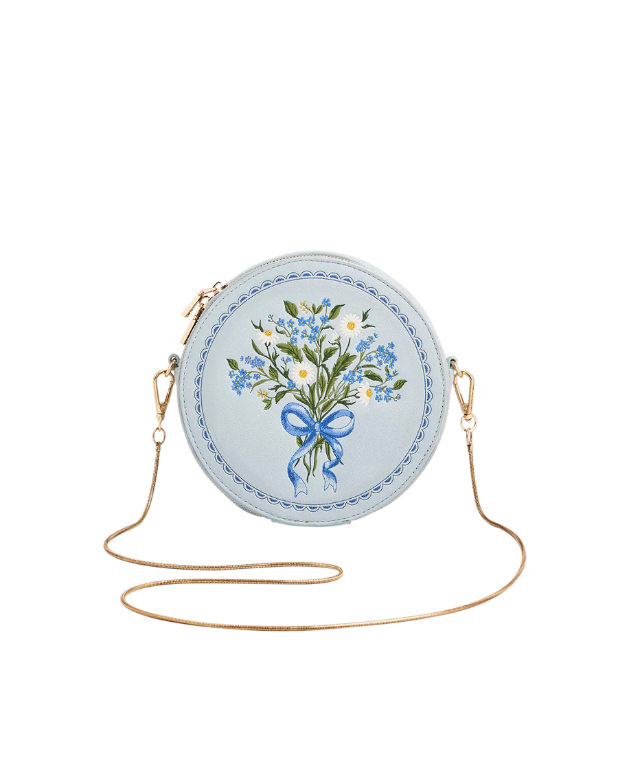 Bolso redondo Isabel Floral Bow azul bordado