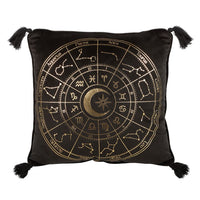 Cojín cuadrado Astrology Wheel negro y dorado