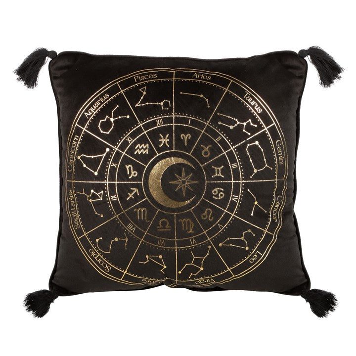 Cojín cuadrado Astrology Wheel negro y dorado
