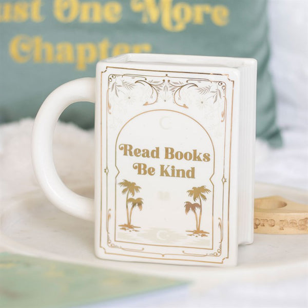 Taza blanca en forma de libro