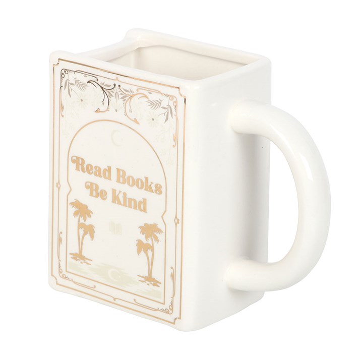 Taza blanca en forma de libro