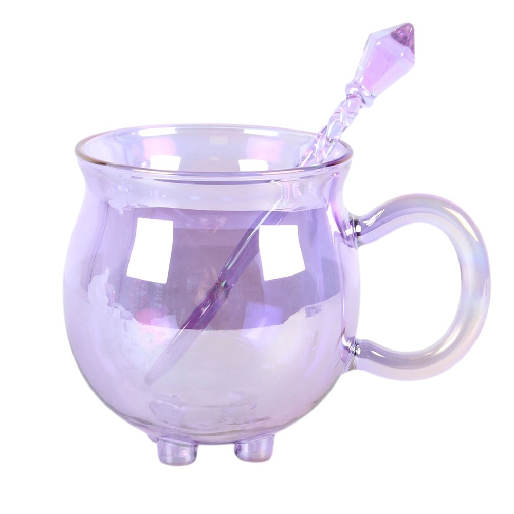 Taza de cristal morada con forma de caldero y doble pared, con cucharita incluida – imagen 2