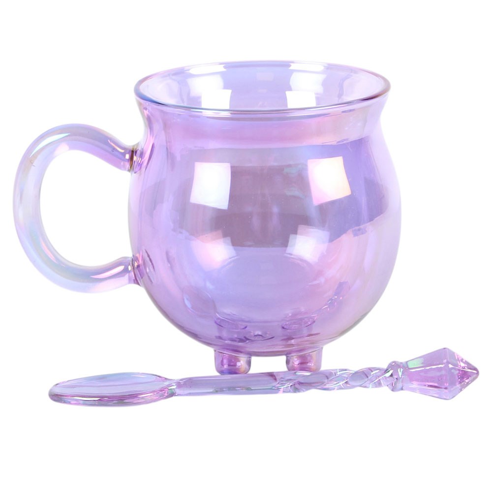 Taza de cristal morada con forma de caldero y doble pared, con cucharita incluida – imagen 3