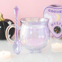 Taza de cristal morada con forma de caldero y doble pared, con cucharita incluida