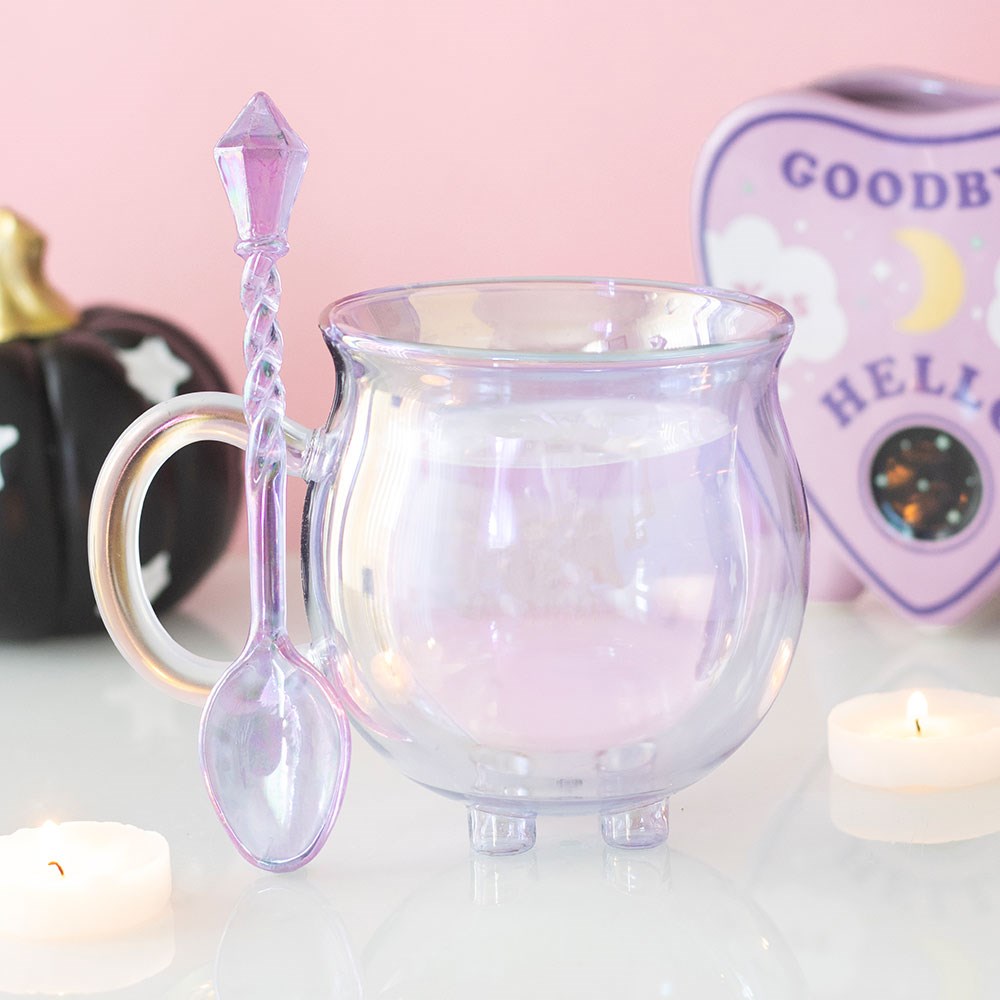 Taza de cristal morada con forma de caldero y doble pared, con cucharita incluida
