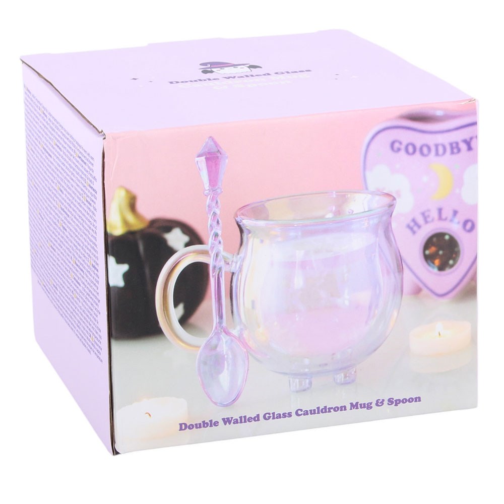 Taza de cristal morada con forma de caldero y doble pared, con cucharita incluida – imagen 5