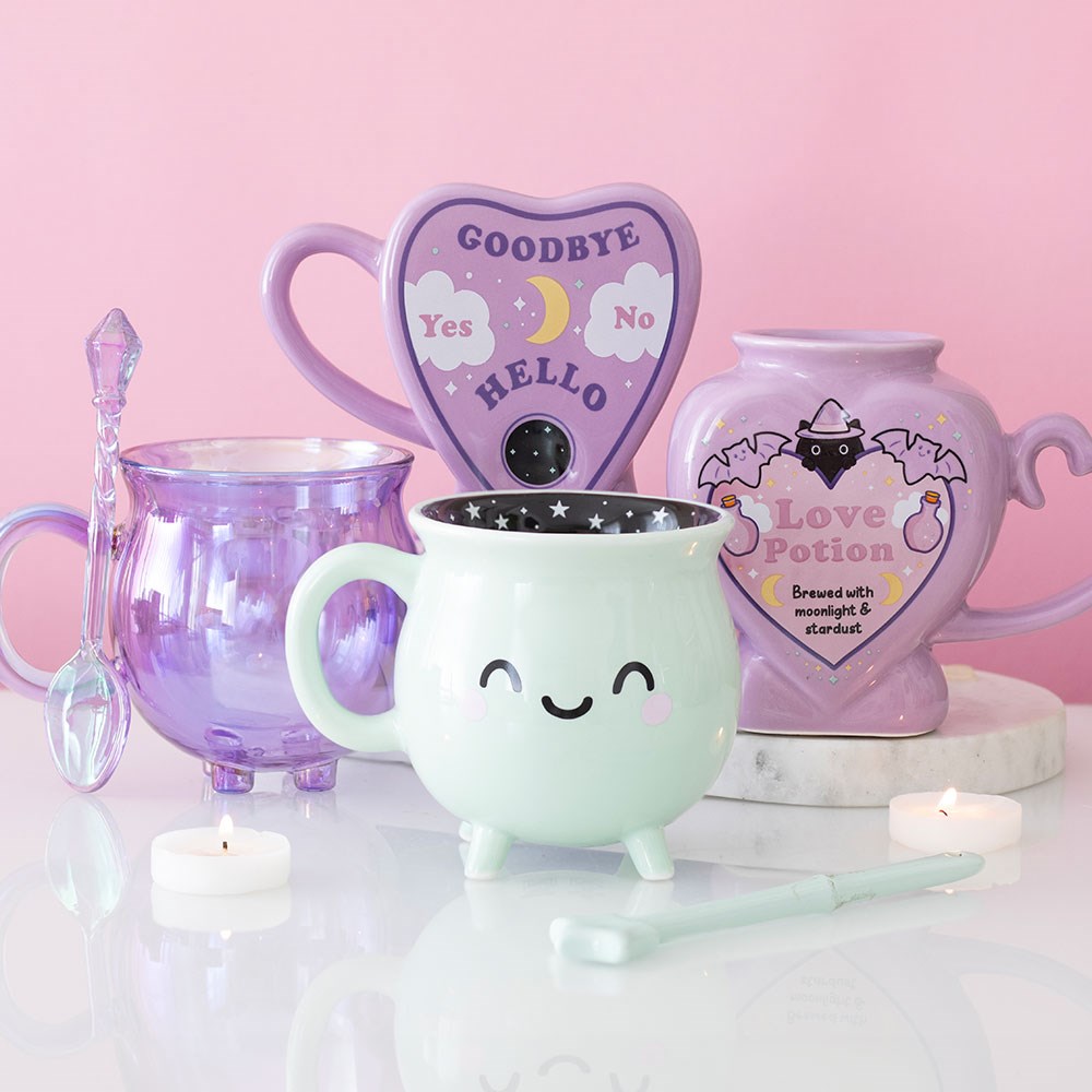Taza de cristal morada con forma de caldero y doble pared, con cucharita incluida – imagen 6