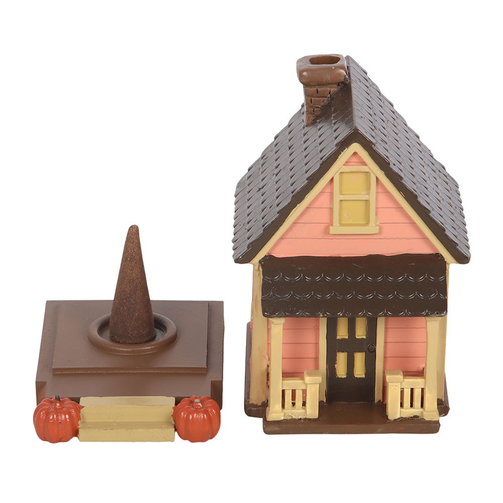 Portaincienso de Resina Casa Rosa con Detalles de Calabaza