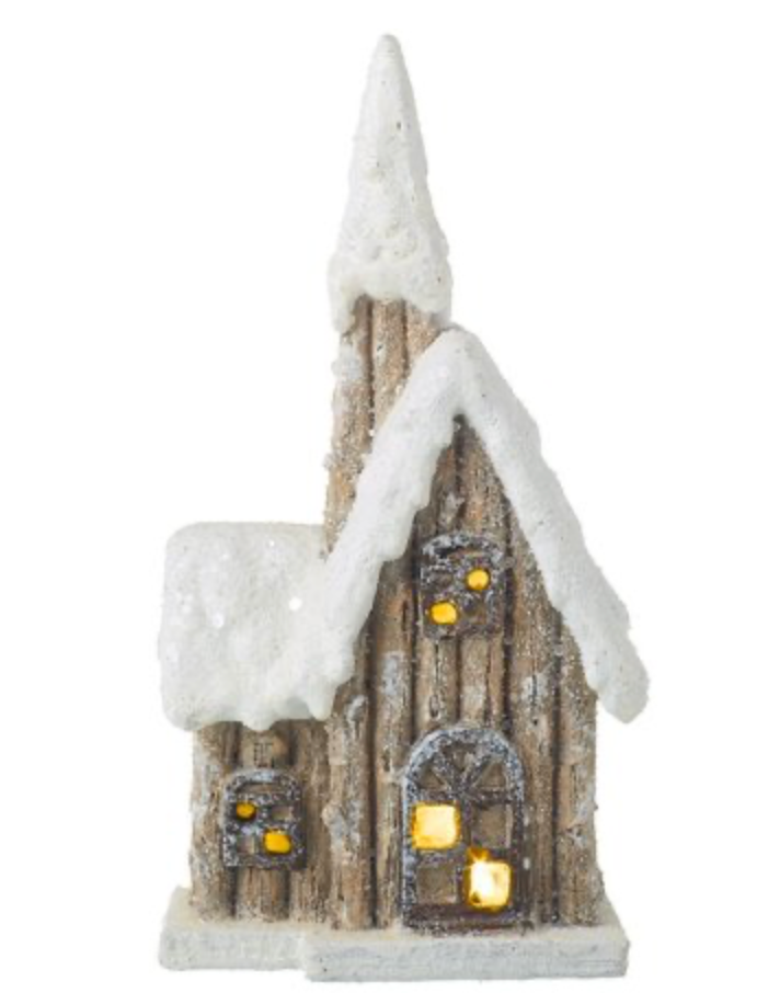 Casita de madera con luces LED y nieve