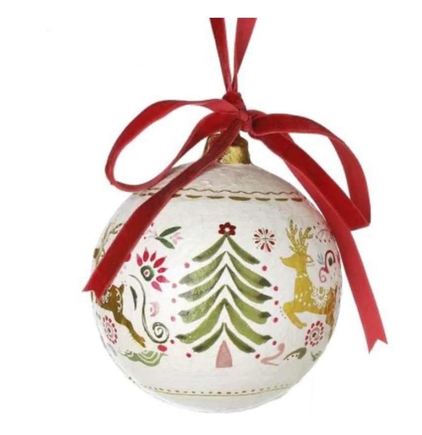 Bola navideña grande con diseño de reno y árbol