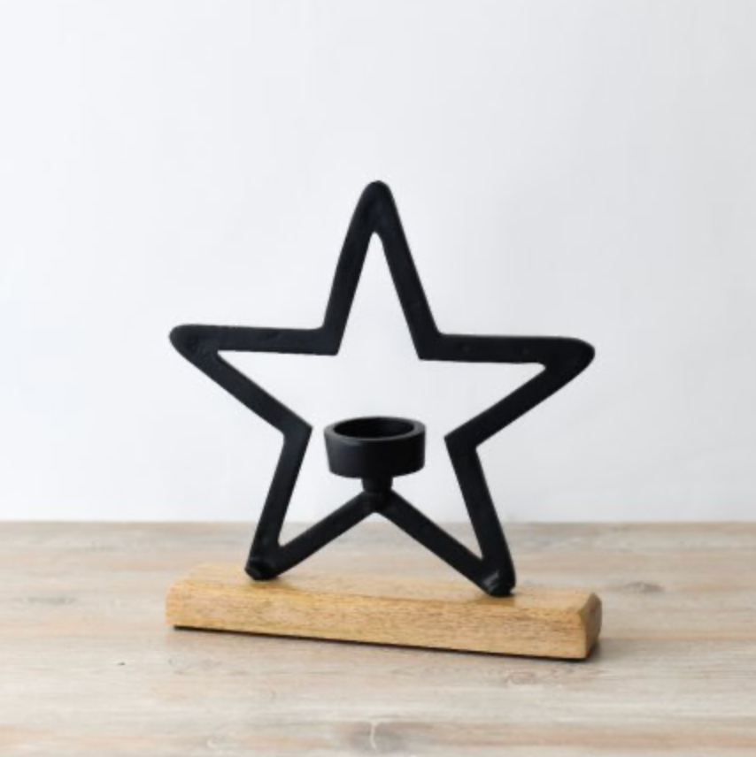Portavelas estrella con base de madera