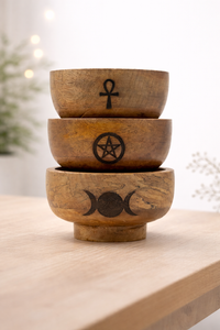 Cuenco de Madera – Ankh, Triple Luna y Pentagrama