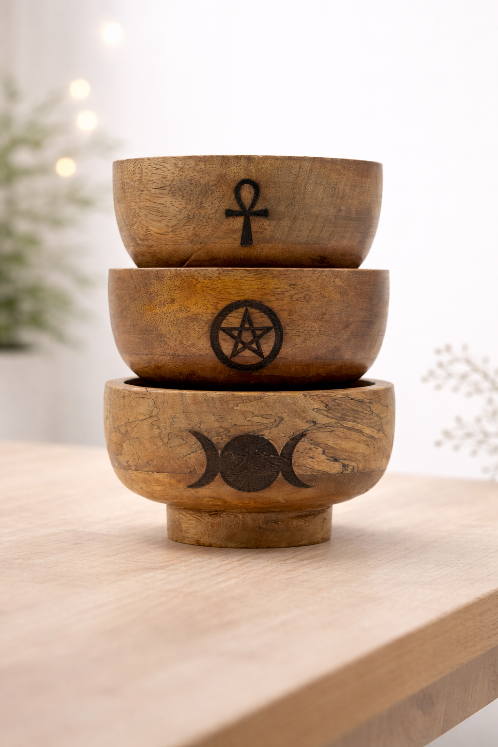 Cuenco de Madera – Ankh, Triple Luna y Pentagrama