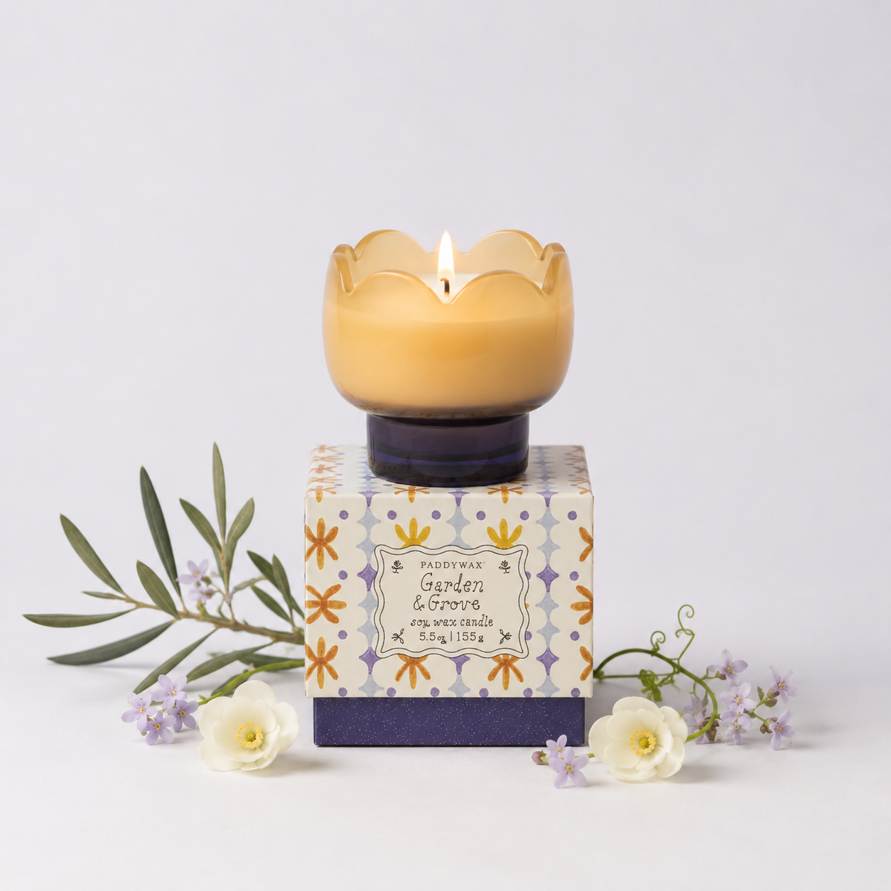 Vela Tulipán naranja y azul en cristal · Garden & Grove · 155 g