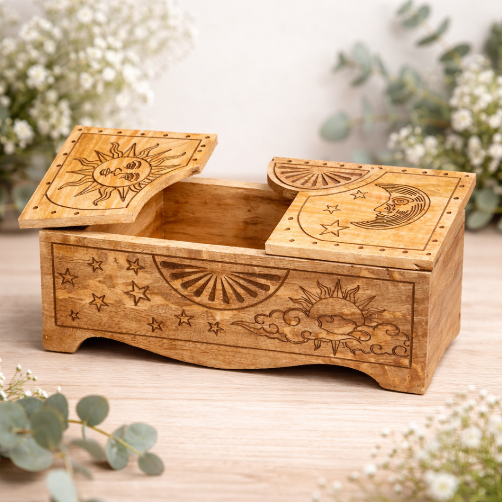Caja Deslizante Tallada – Diseño de Sol y Luna