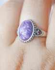Anillo Corazón de Charoita en Plata – Transformación, Intuición y Sanación Interior
