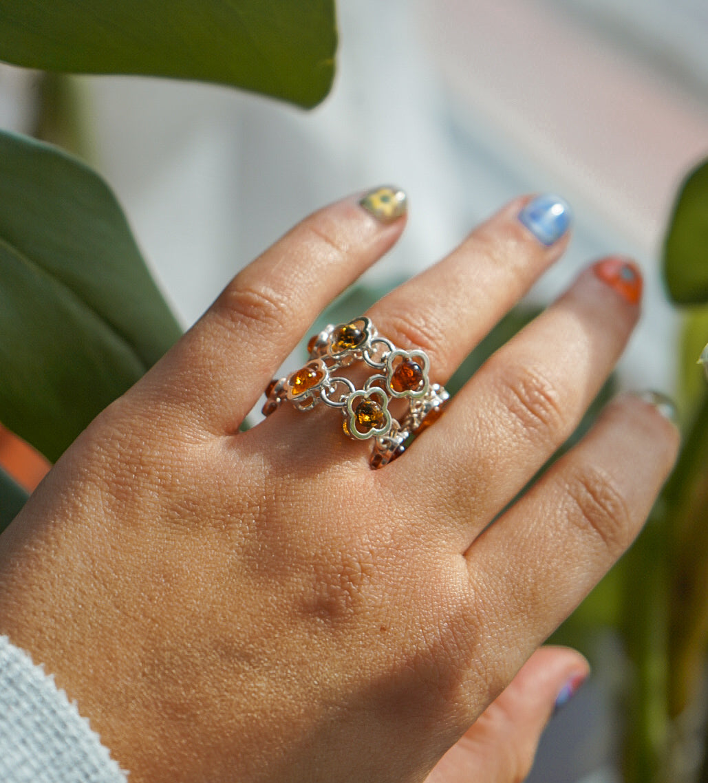 Anillo cadena de ámbar y plata