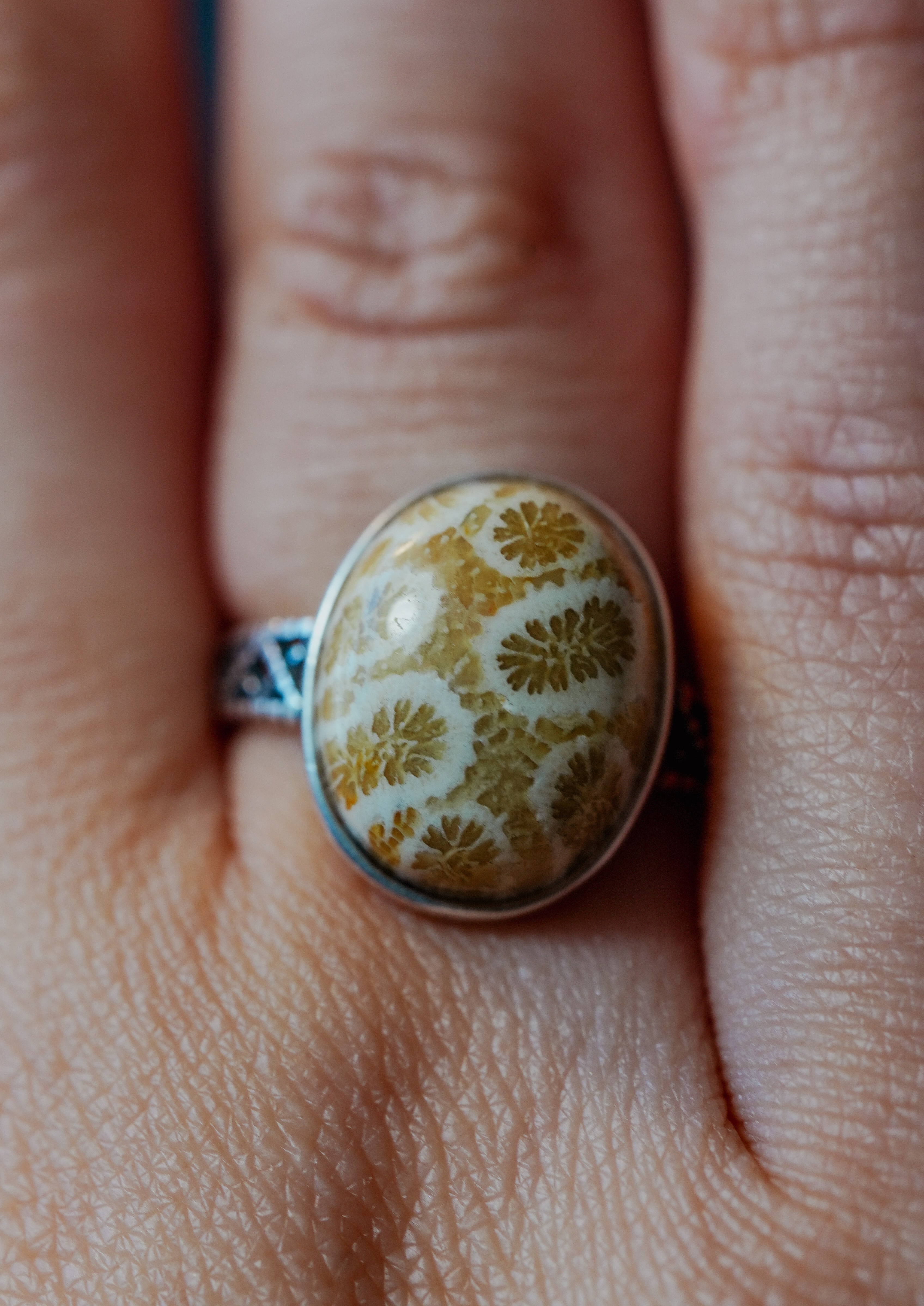 Anillo de Plata Adaptable con Coral Fósil