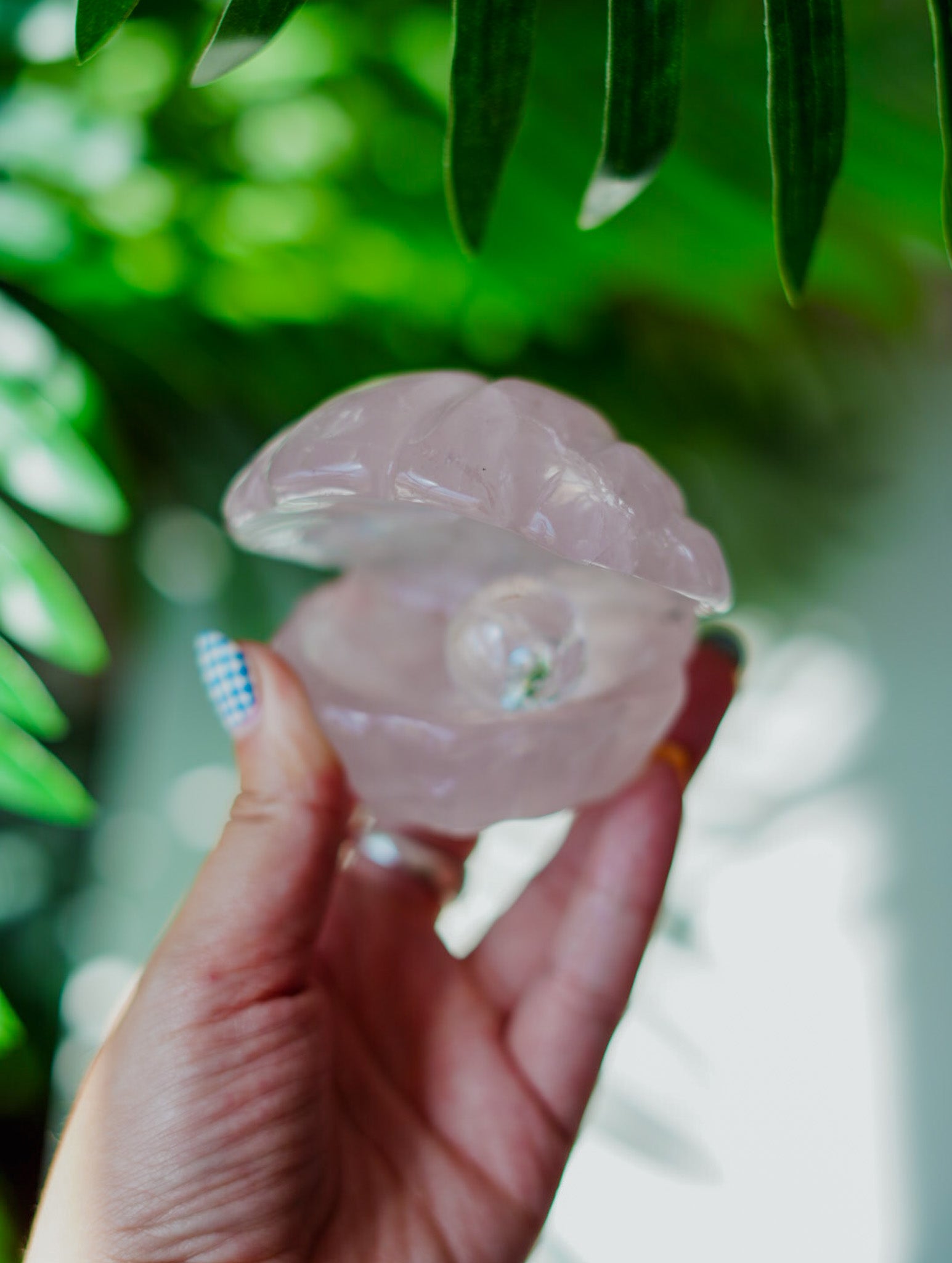 Concha de Cuarzo Rosa con Esfera de Cuarzo Cristal | Amor y Pureza