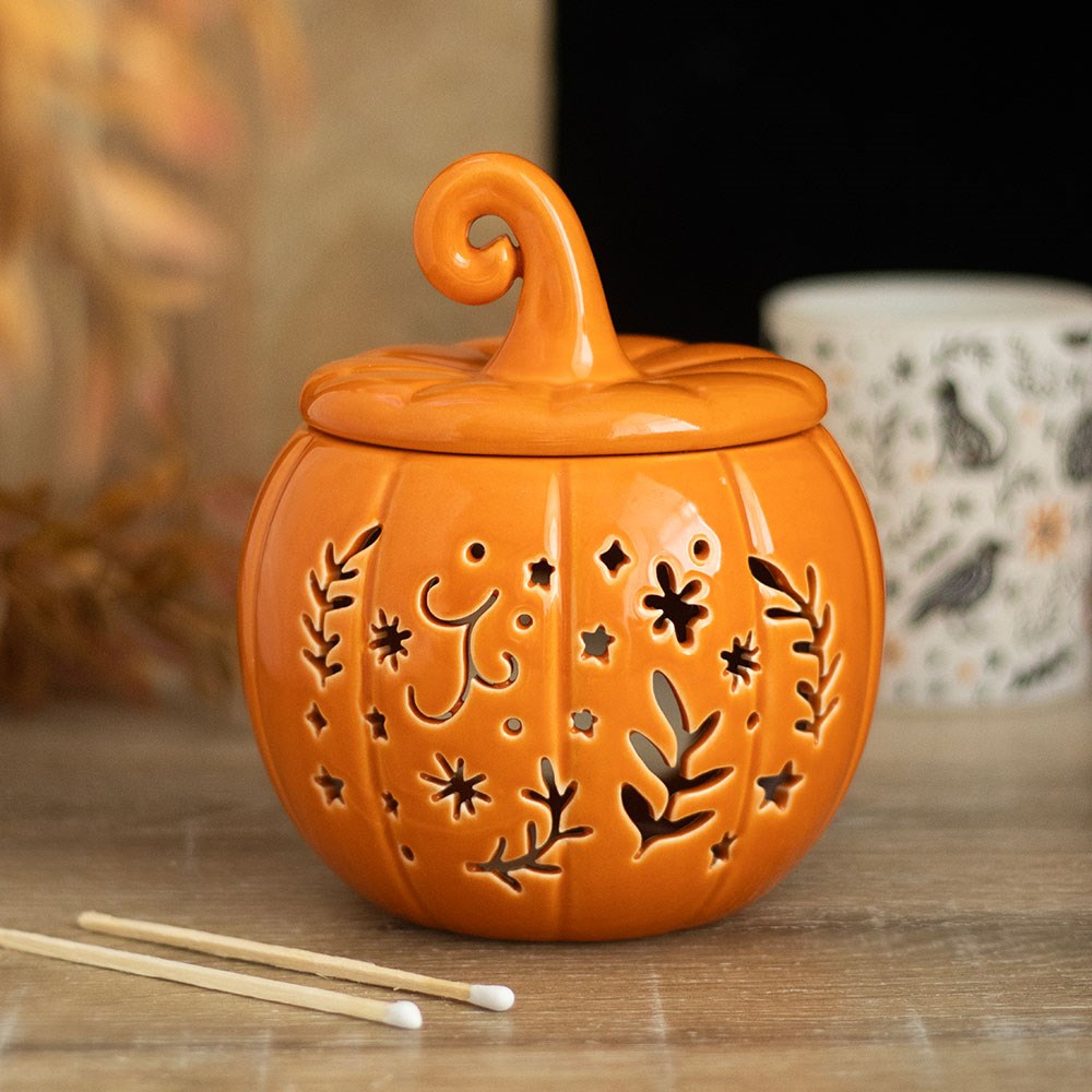 Quemador de aceite y calentador de cera de cerámica con forma de calabaza de estilo rústico naranja