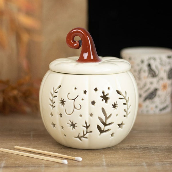 Quemador de Aceite Cerámico Calabaza Crema con Calados Folk