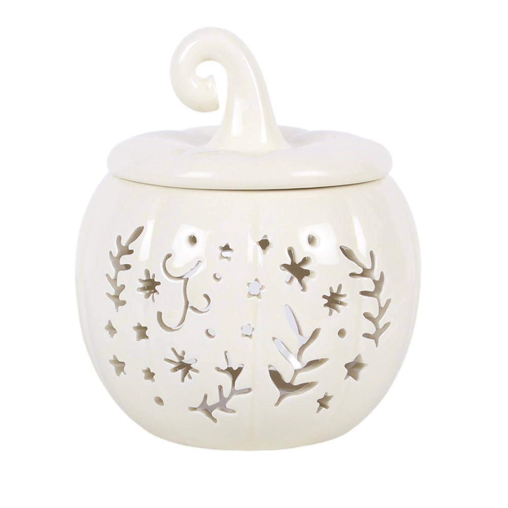 Quemador de aceite y calentador de cera de cerámica con forma de calabaza, estilo Cream Folk – imagen 2