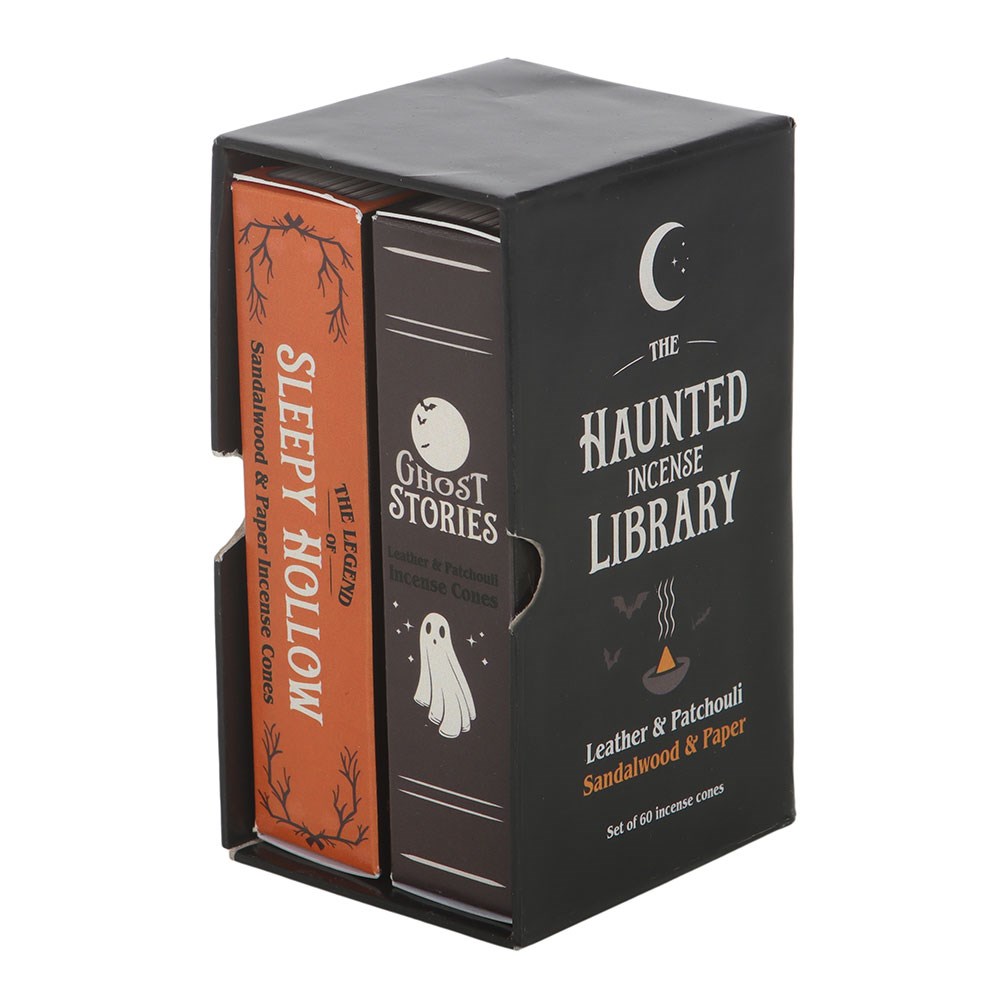 Lote de 2 paquetes de conos de incienso «Haunted Library» con aroma a cuero y pachulí y a sándalo y papel – imagen 2