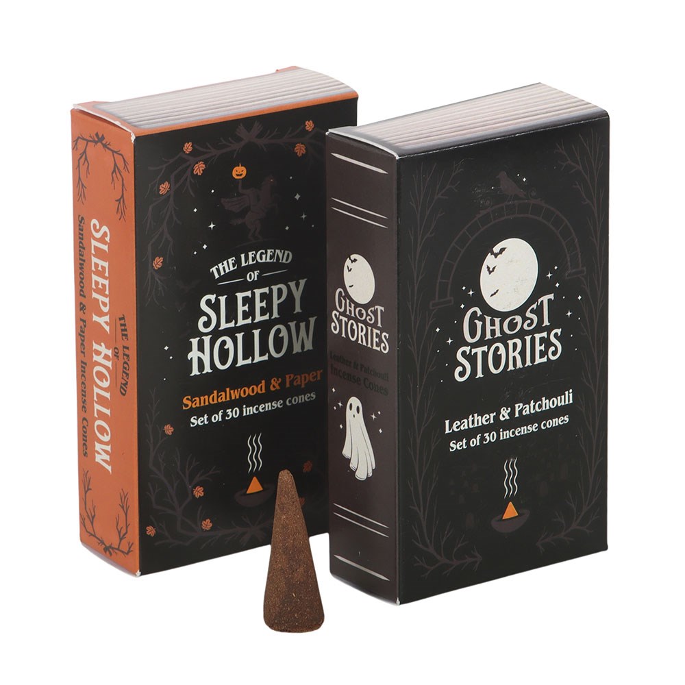 Lote de 2 paquetes de conos de incienso «Haunted Library» con aroma a cuero y pachulí y a sándalo y papel – imagen 3