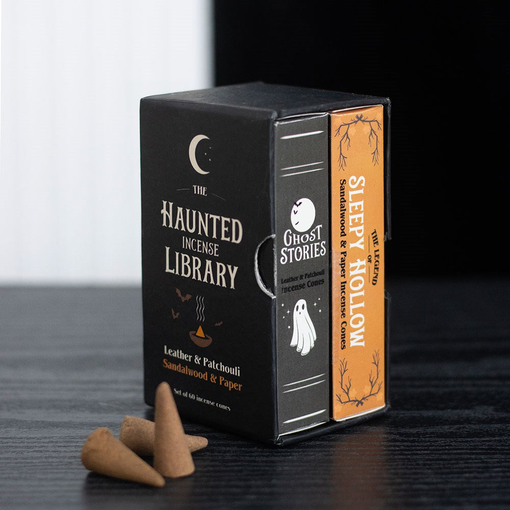 Lote de 2 paquetes de conos de incienso «Haunted Library» con aroma a cuero y pachulí y a sándalo y papel