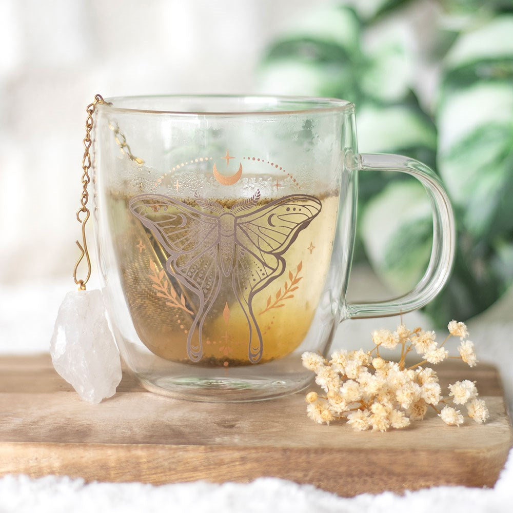 Taza de cristal de doble pared Luna Moth con infusor de té de cristal – imagen 2