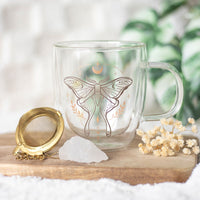 Taza de cristal de doble pared Luna Moth con infusor de té de cristal