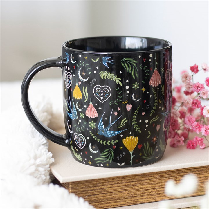 Taza Cerámica Midnight Bloom – Estilo Folk Floral