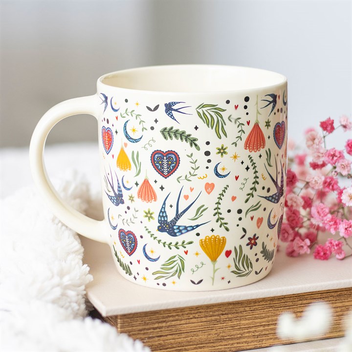 Taza Cerámica Midnight Bloom Crema – Estilo Folk Floral