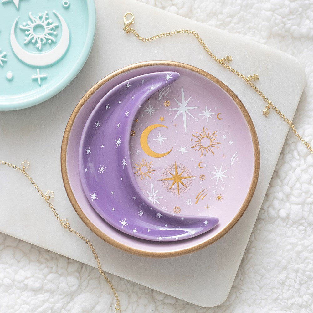 Platitos apilables de cerámica para baratijas «Purple Pastel Moon»