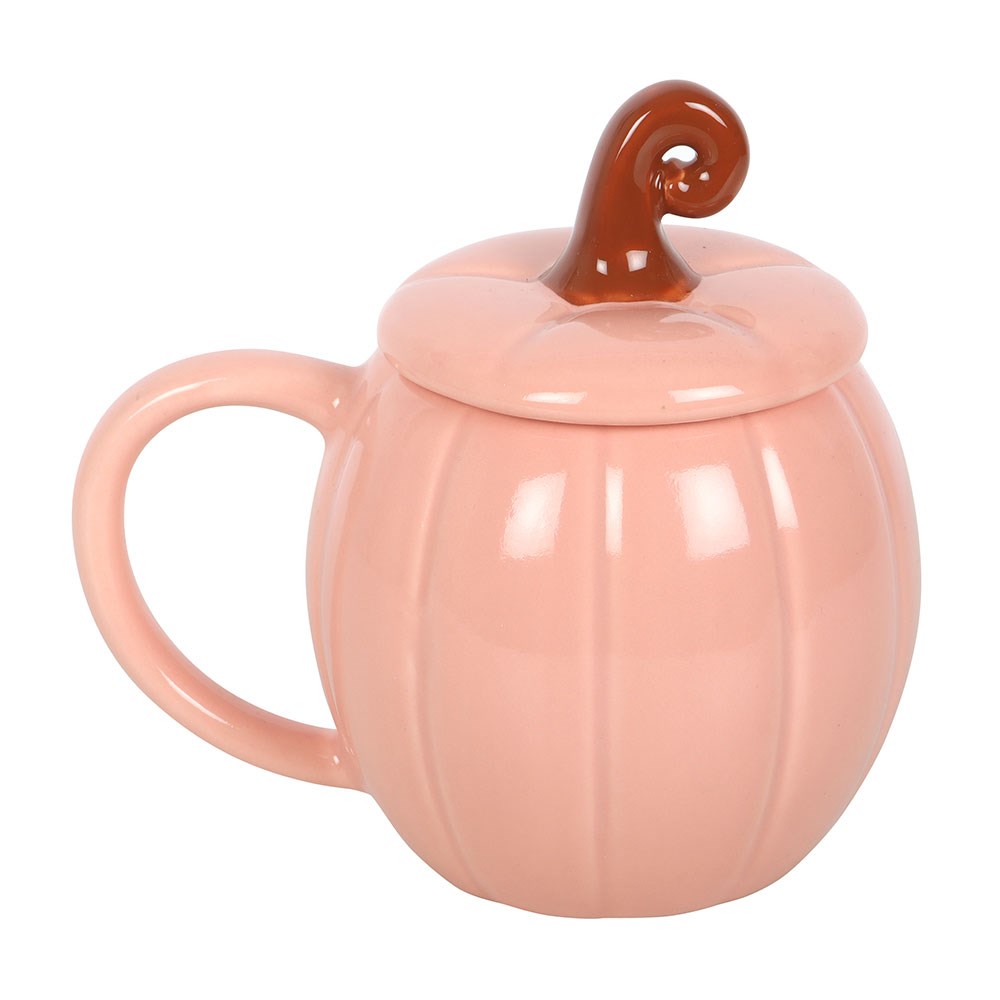 Taza de cerámica con tapa y diseño de calabaza rizada rosa – imagen 2