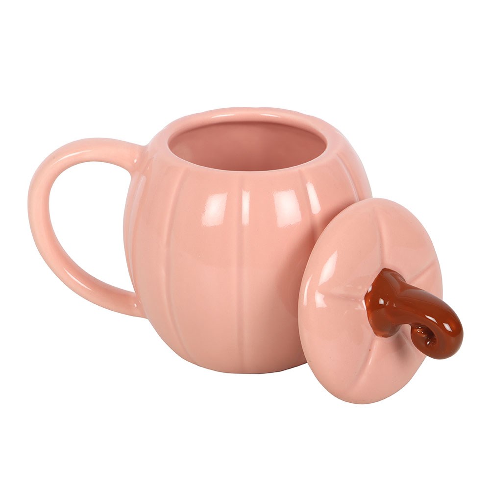 Taza de cerámica con tapa y diseño de calabaza rizada rosa – imagen 3