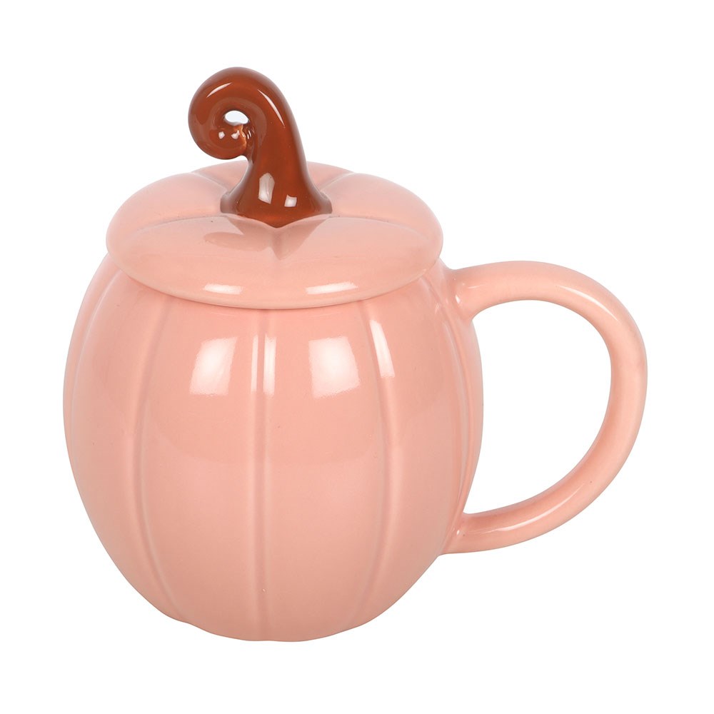 Taza de cerámica con tapa y diseño de calabaza rizada rosa – imagen 4