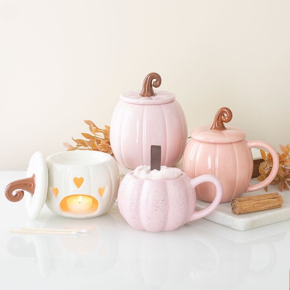 Taza de cerámica con tapa y diseño de calabaza rizada rosa – imagen 5