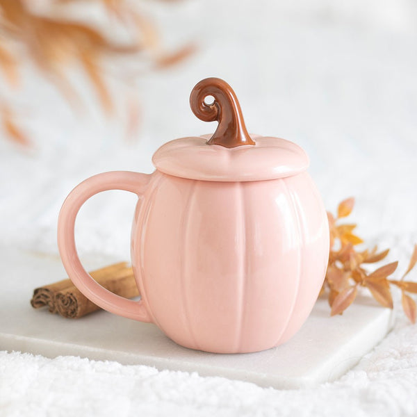 Taza de cerámica con tapa y diseño de calabaza rizada rosa