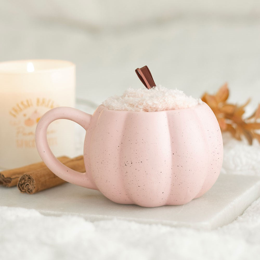 Set de taza de cerámica con calabaza rosa y calcetines de poliéster