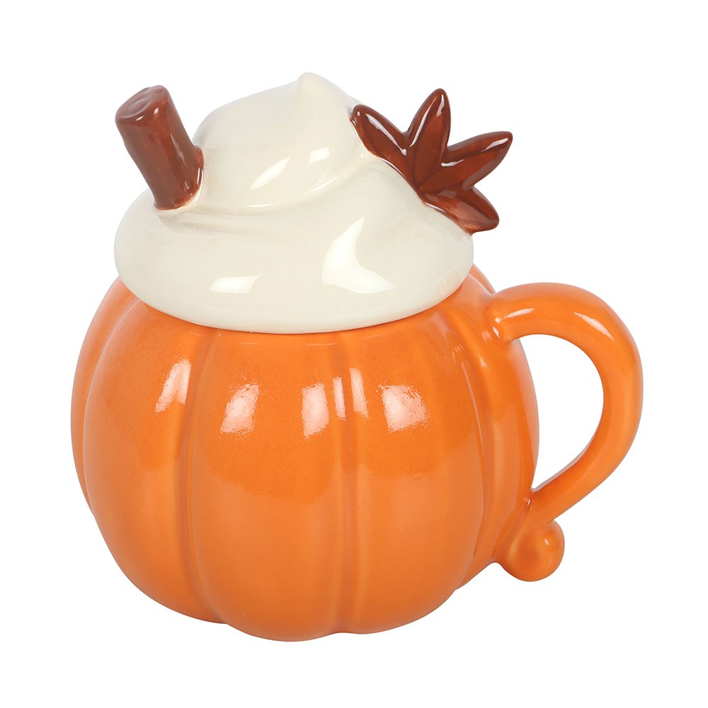 Taza de cerámica con tapa y diseño de crema de calabaza – imagen 4