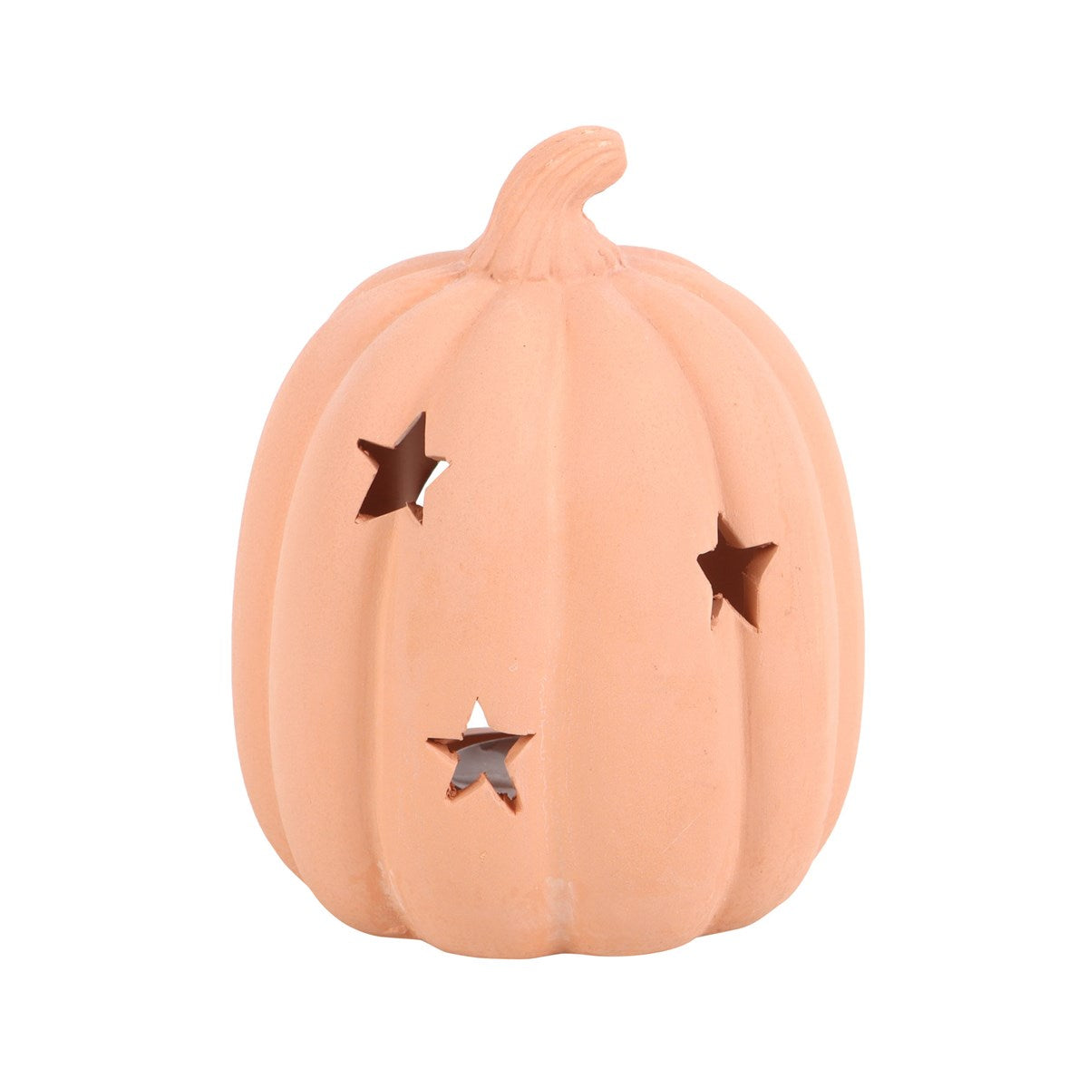 Portavelas de terracota naranja con forma de calabaza y estrellas – imagen 2
