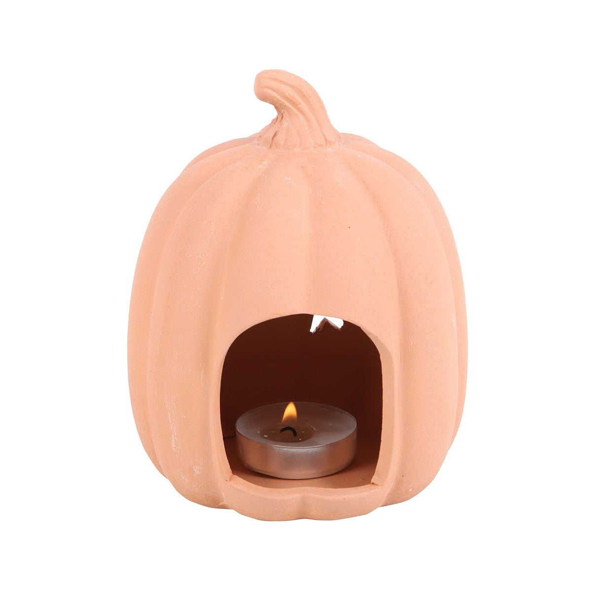 Portavelas de terracota naranja con forma de calabaza y estrellas – imagen 3