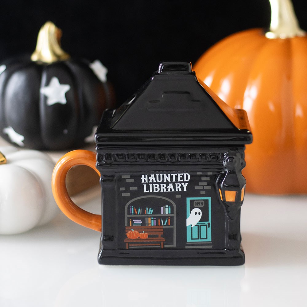 Taza de cerámica con tapa «Biblioteca encantada»