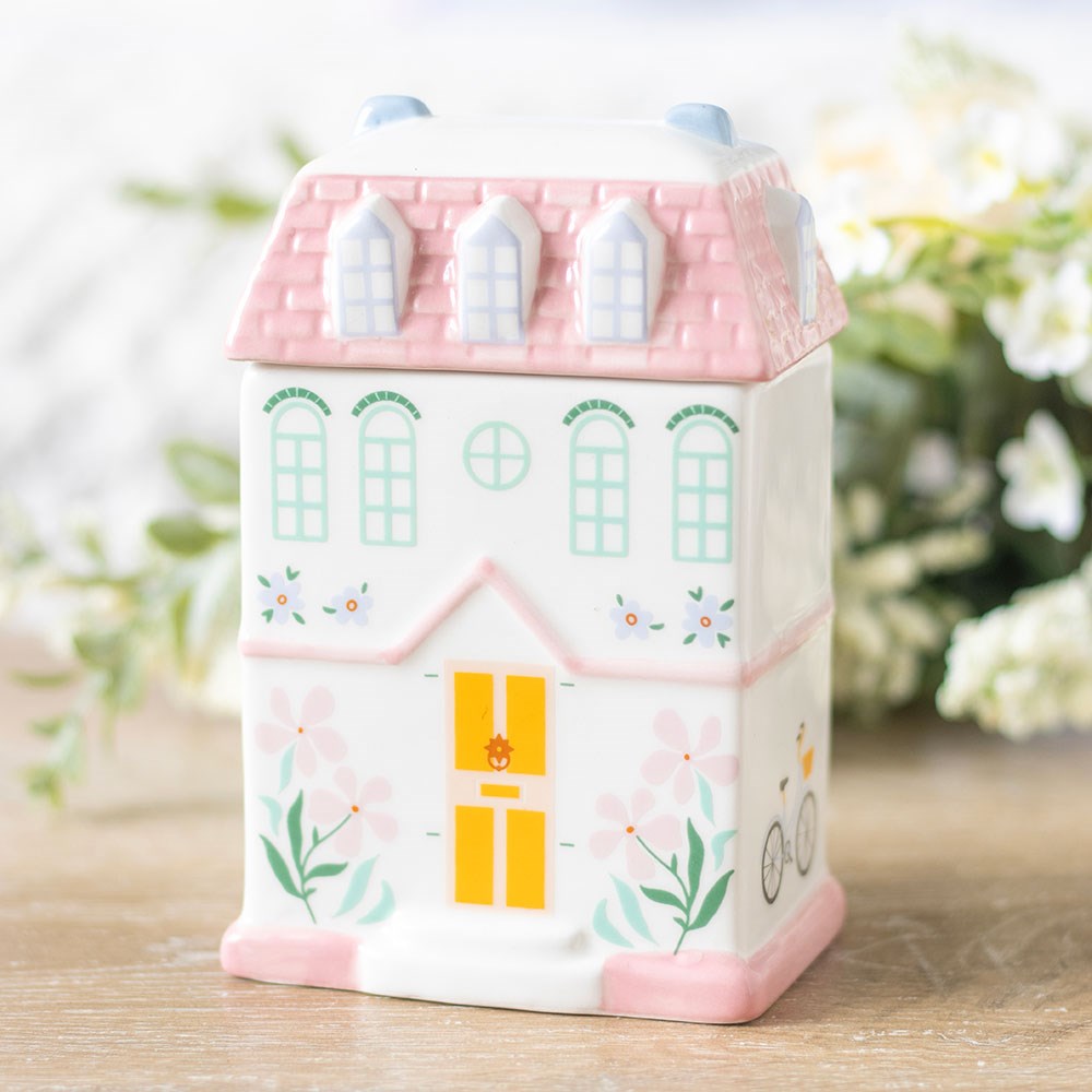 Quemador de aceite y calentador de cera de cerámica con forma de casita en tonos pastel