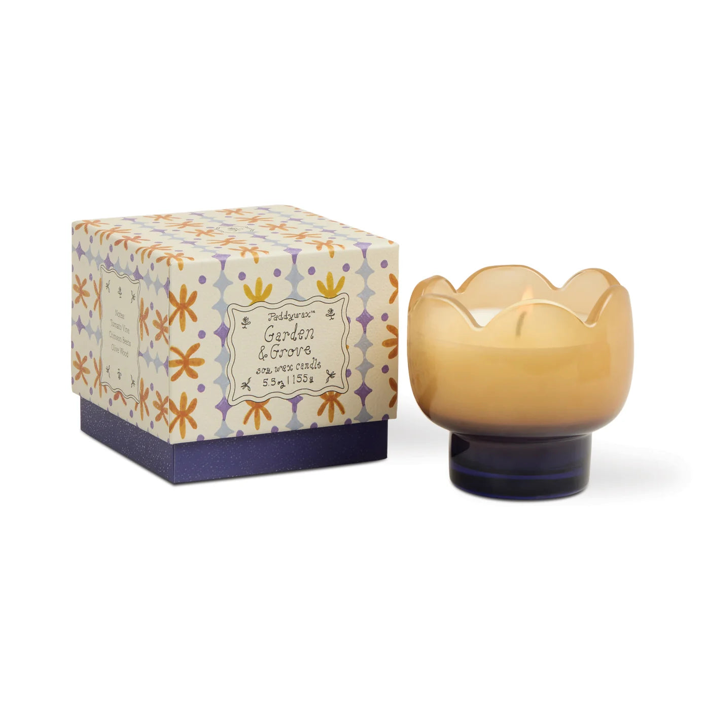 Vela Tulipán naranja y azul en cristal · Garden & Grove · 155 g