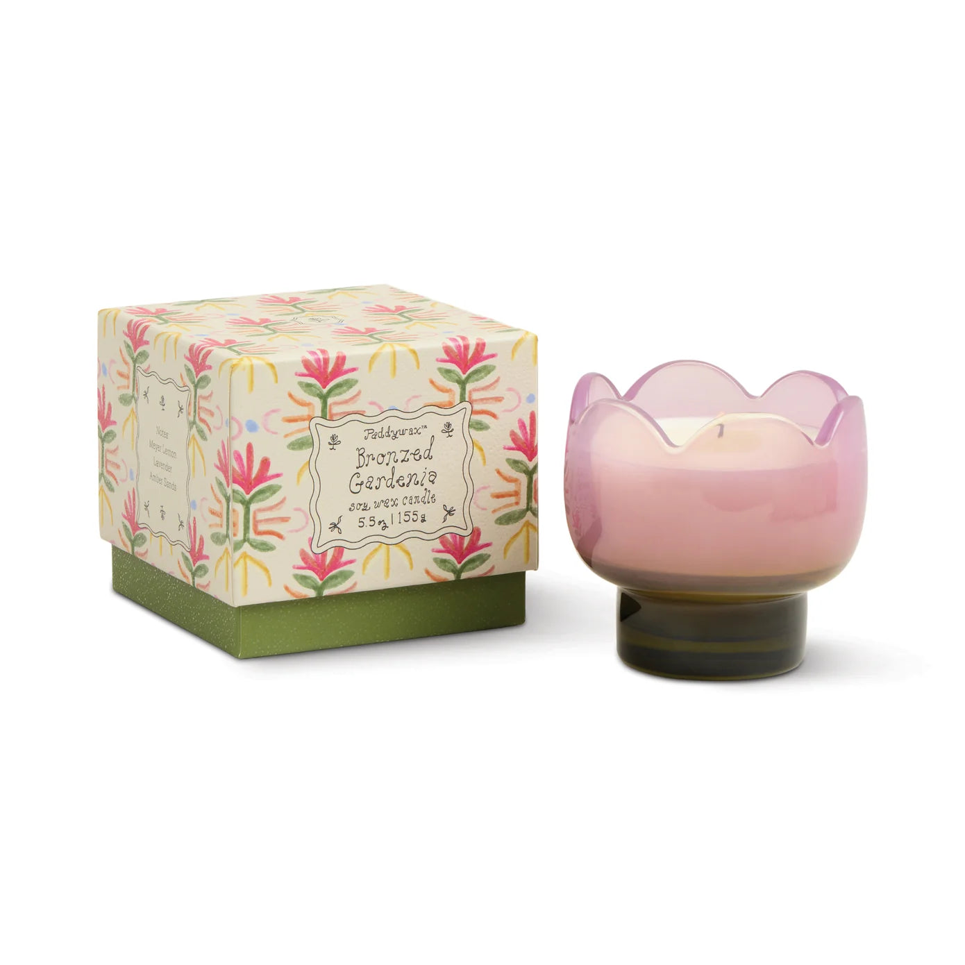 Vela Tulipán rosa y verde en cristal · Bronzed Gardenia · 155 g