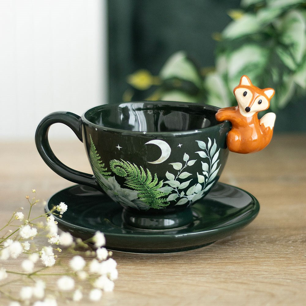 Taza de cerámica con plato – diseño zorro y hojas verdes (500 ml)
